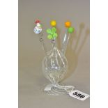 SIX GLASS COCKTAIL STICKS AND HOLDER, comprising a clear bulb shaped holder with white swirl pattern