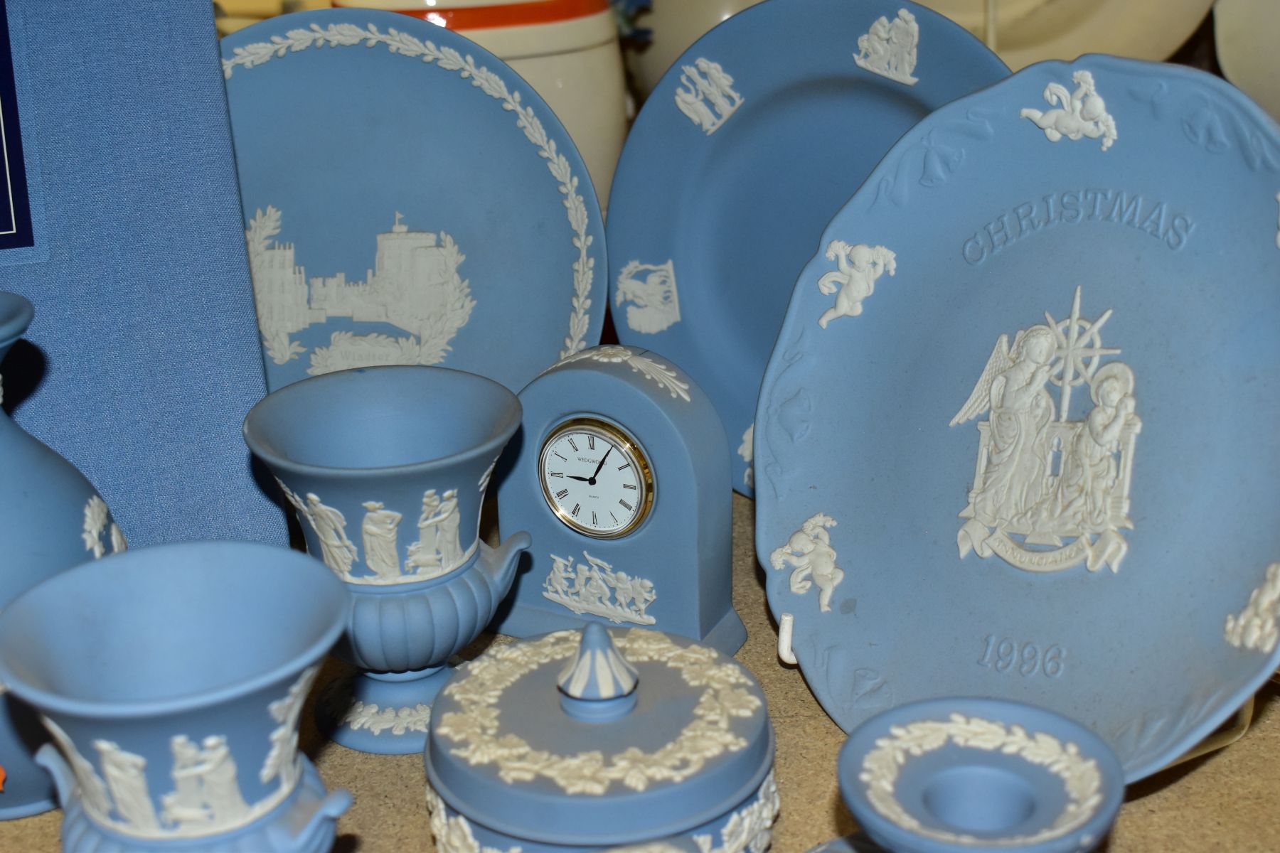 A GROUP OF WEDGWOOD JASPERWARE, mainly pale blue including bud vases, small urn shaped vases, a - Image 5 of 6