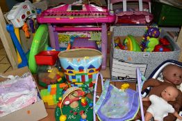 FOUR BOXES AND LOOSE OF ASSORTED TOYS AND GAMES, MOSTLY PRE-SCHOOL AGE, including wooden and plastic
