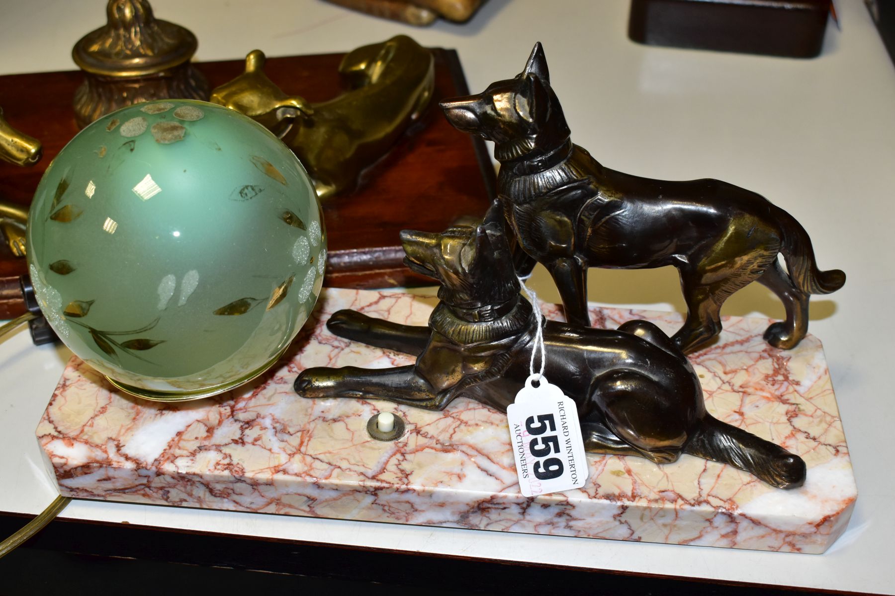 AN ART DECO DESK LAMP DEPICTING A PAIR OF BRONZED ALSATIAN DOGS MOUNTED TO A MARBLE PLINTH, - Image 2 of 8