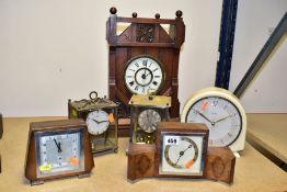 SIX ASSORTED LATE VICTORIAN TO MID 20TH CENTURY MANTEL CLOCKS, comprising a walnut and chrome