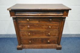 A VICTORIAN FLAME MAHOGANY SCOTTISH CHEST OF DRAWERS, concave frieze drawer, over five assorted
