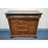 A VICTORIAN FLAME MAHOGANY SCOTTISH CHEST OF DRAWERS, concave frieze drawer, over five assorted