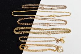 SIX 9CT GOLD AND YELLOW METAL CHAINS, to include an initial 'D' heart pendant suspended from a