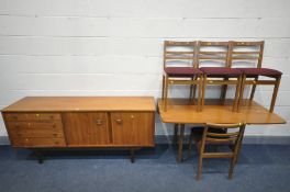 A MID CENTURY TEAK SIDEBOARD, with four drawers, top drawer with cutlery dividers and baize lined,