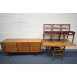 A MID CENTURY TEAK SIDEBOARD, with four drawers, top drawer with cutlery dividers and baize lined,