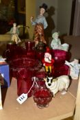 A GROUP OF CRANBERRY GLASS AND CERAMICS, ETC, including a hollow cast metal figure of a painted