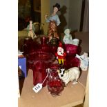 A GROUP OF CRANBERRY GLASS AND CERAMICS, ETC, including a hollow cast metal figure of a painted