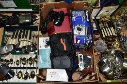 TWO BOXES AND LOOSE PHOTOGRAPHIC EQUIPMENT, METALWARES AND FISHING TACKLE, ETC, including a USSR