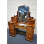 A VICTORIAN FLAME MAHOGANY PEDESTAL DRESSING TABLE, with a single mirror and an arrangement of