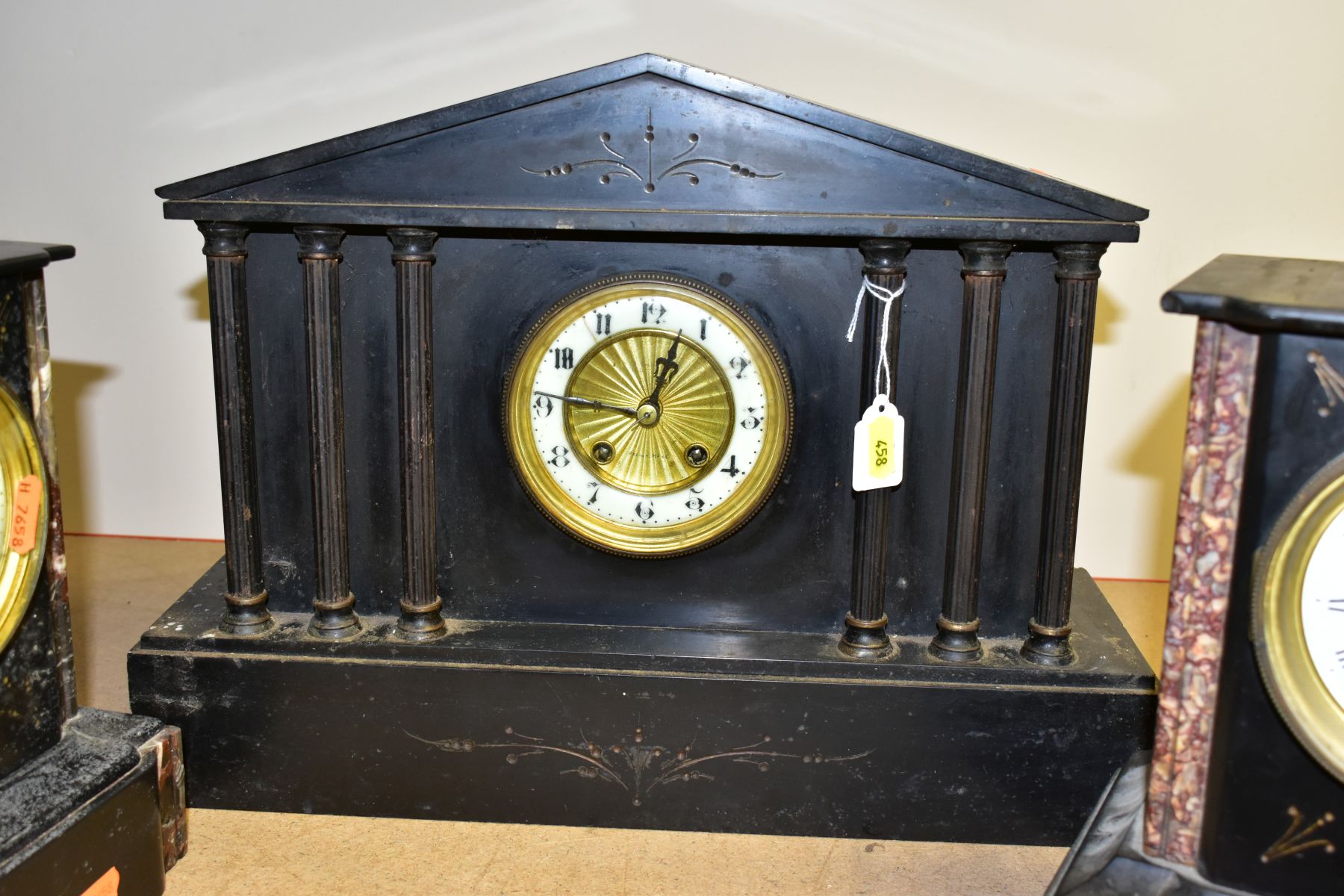 THREE LATE VICTORIAN BLACK SLATE AND MARBLE MANTEL CLOCKS, two of rectangular form with thirty - Image 4 of 8