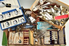 A BOX OF WHITE METAL WARE, to include a pair of silver sugar tongs hallmarked Birmingham, a three