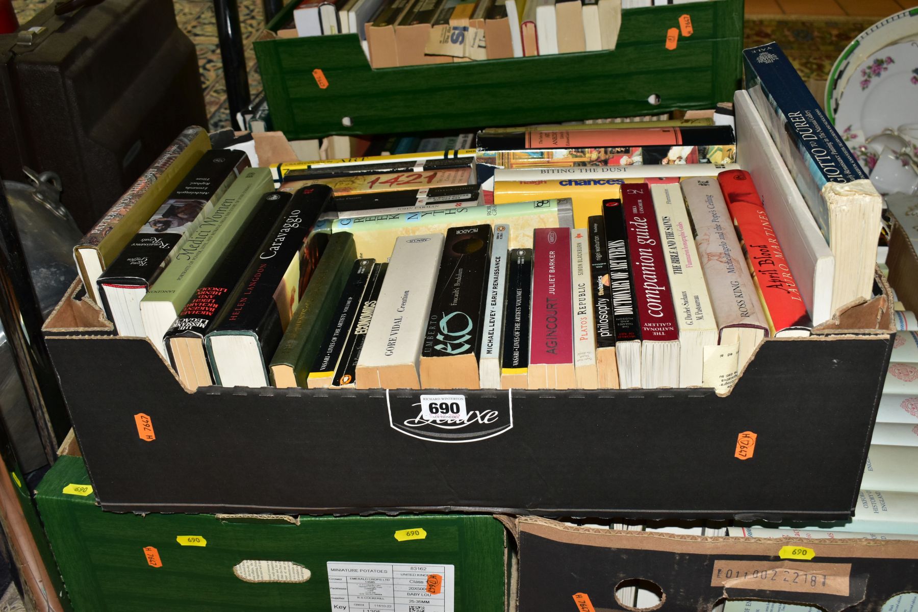 BOOKS, five boxes containing approximately 160 hardback and paperback titles, mostly relating to