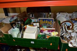 SIX BOXES OF CERAMICS, GLASS, LINENS, VINTAGE CHRISTMAS DECORATIONS AND SUNDRY HOUSEHOLD ITEMS, to