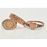 TWO LATE 19TH CENTURY GOLD RINGS AND A 9CT GOLD SOVEREIGN RING, a yellow gold mizpah ring,