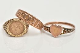 TWO LATE 19TH CENTURY GOLD RINGS AND A 9CT GOLD SOVEREIGN RING, a yellow gold mizpah ring,