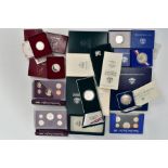 A CARDBOARD BOX CONTAINING COINS, to include USA silver proof, memorials, constitution,