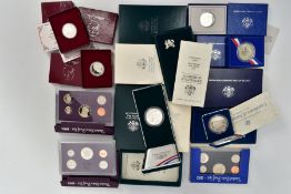 A CARDBOARD BOX CONTAINING COINS, to include USA silver proof, memorials, constitution,