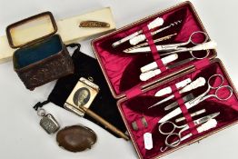 AN ASSORTMENT OF ITEMS, to include red satin lined manicure and sewing vanity set including