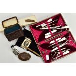 AN ASSORTMENT OF ITEMS, to include red satin lined manicure and sewing vanity set including