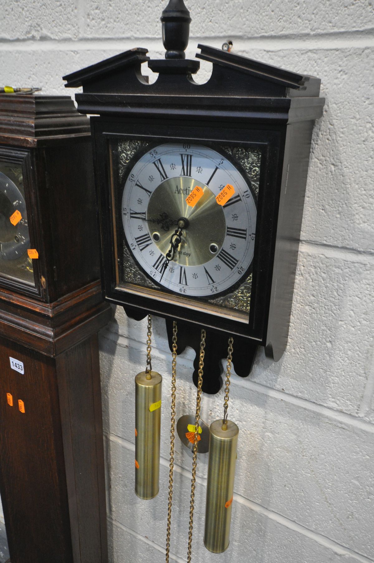 A 20TH CENTURY OAK GRANDDAUGHTER CLOCK, with an Ansonia clock co of USA movement, height 122cm, ( - Image 3 of 3