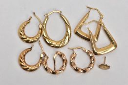 THREE PAIRS OF YELLOW METAL HOOP EARRINGS AND TWO LOOSE EARRINGS, to include a pair of rectangular