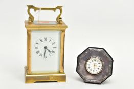 A BRASS CARRIAGE CLOCK AND A MANTLE CLOCK, non-working carriage clock with a white dial, Roman
