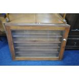 A MAHOGANY WALL HANGING SINGLE DOOR COLLECTORS CABINET, width 107cm x height 77cm x height 77cm