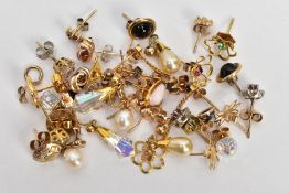 A BAG OF ASSORTED EARRINGS, mostly yellow metal studs, drop studs etc fish hooks or post and