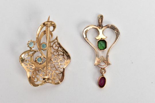 A 9CT GOLD BROOCH AND A YELLOW METAL PENDANT, the brooch of an openwork design set with three - Image 4 of 6