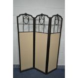 A 20TH CENTURY MAHOGANY TRIPLE FLOOR STANDING DRESSING SCREEN, the glass behind foliate