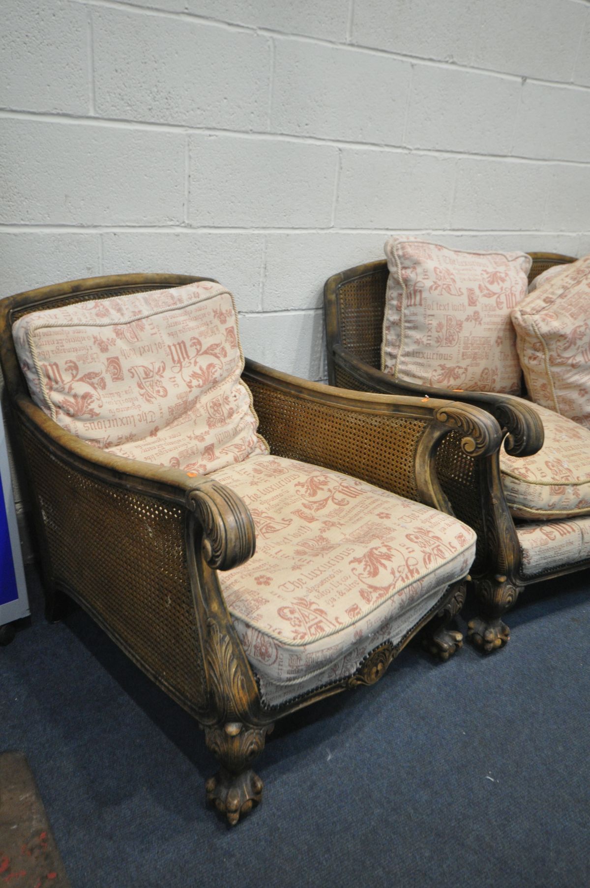 A MAHOGANY FRAMED BERGERE THREE PIECE SUITE, with loose cushions, comprising a three seater - Image 3 of 3