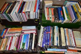 SIX BOXES OF HARDBACK AND PAPERBACK BOOKS, over two hundred titles, including geography, travel,