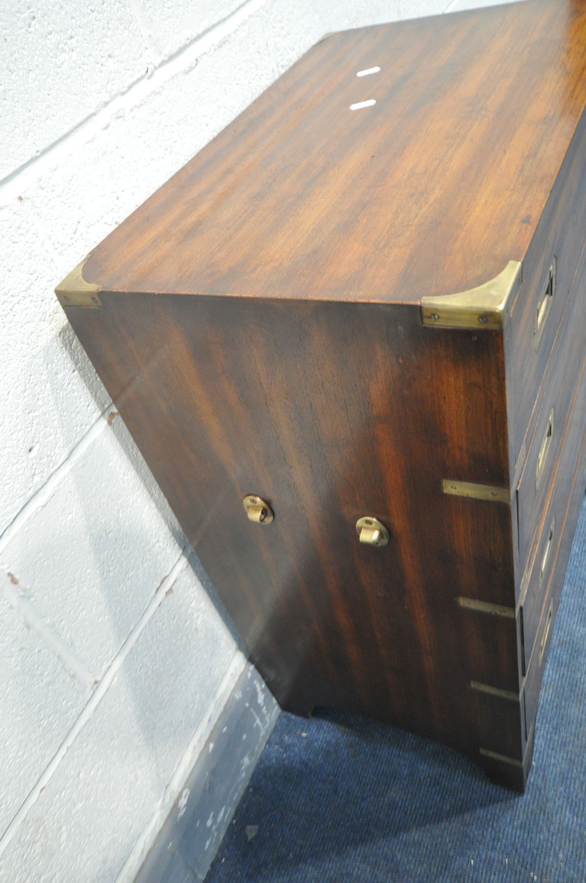 A MAHOGANY CAMPAIGN CHEST OF FOUR DRAWERS, width 60cm x depth 37cm x height 77cm, (condition - - Image 2 of 3