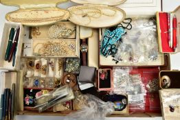 A BOX OF ASSORTED ITEMS, to include a brown jewellery box with contents of costume jewellery such as