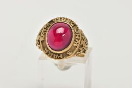 A YELLOW METAL AND GARNET RING, an oval cabochon garnet, set in a yellow metal, signed '3 PARA' 'WHO