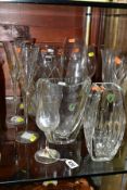 THREE WATERFORD CRYSTAL VASES AND TEN ASSORTED WATERFORD CRYSTAL DRINKING GLASSES, comprising a