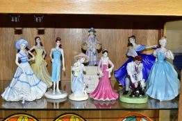 A GROUP OF NINE COALPORT AND ROYAL DOULTON FIGURINES, comprising a boxed Royal Doulton Romany Sue,