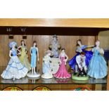 A GROUP OF NINE COALPORT AND ROYAL DOULTON FIGURINES, comprising a boxed Royal Doulton Romany Sue,