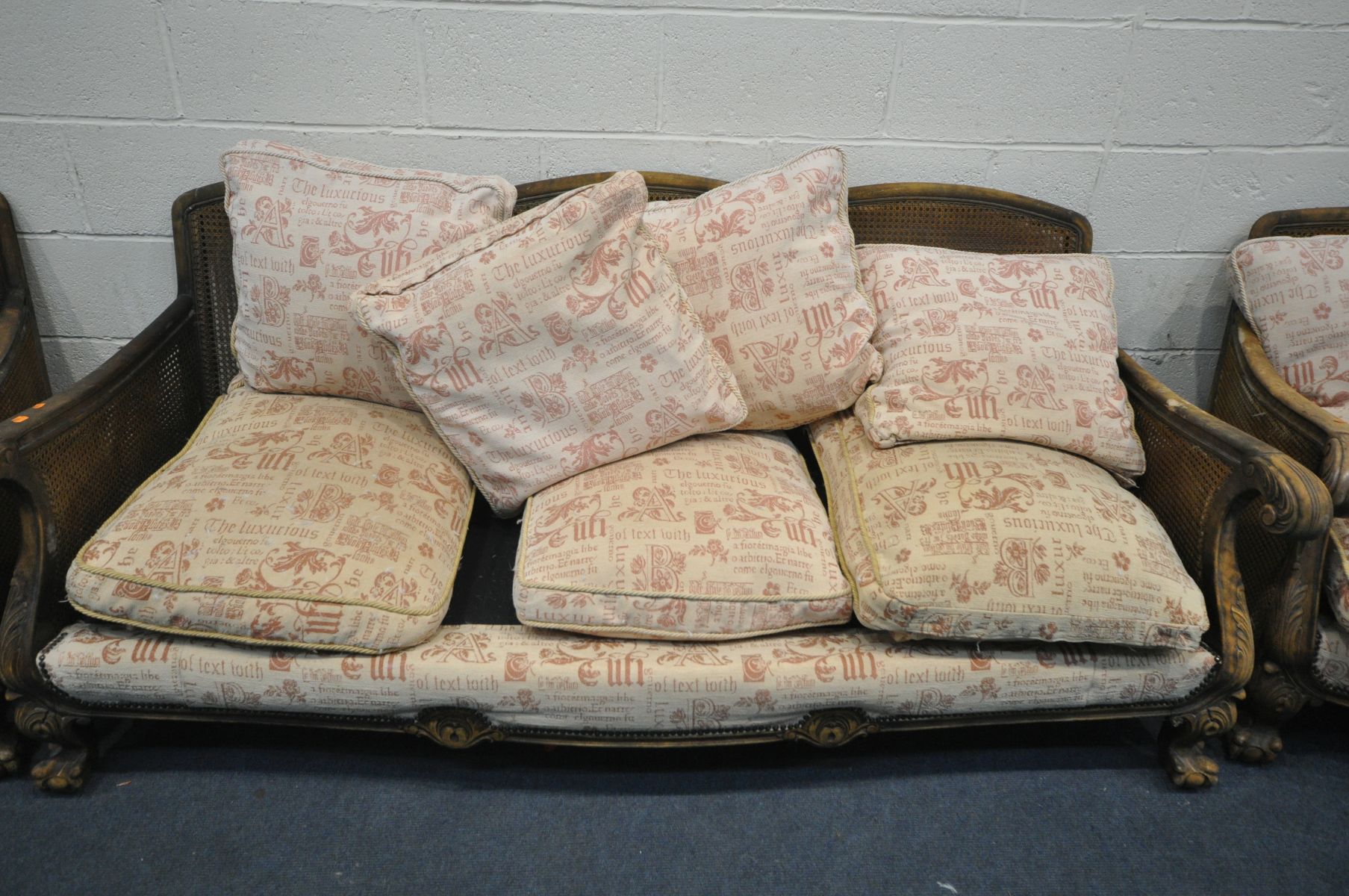 A MAHOGANY FRAMED BERGERE THREE PIECE SUITE, with loose cushions, comprising a three seater - Image 2 of 3