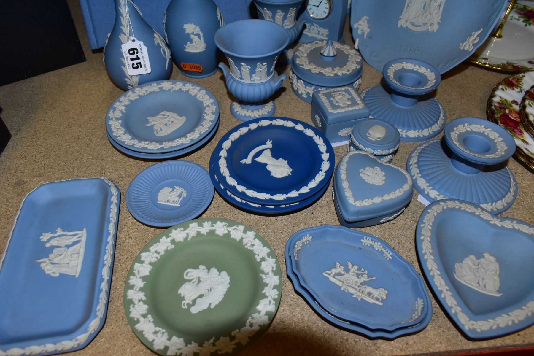 A GROUP OF WEDGWOOD JASPERWARE, mainly pale blue including bud vases, small urn shaped vases, a - Image 2 of 6