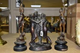 A BRONZE FIGURE GROUP OF THE THREE GRACES, height 27cm and a pair of early 20th century bronze