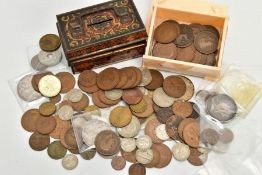 A BOX OF MAINLY UK COINAGE, to include two Victorian crown coins 1893 lv1 (worn) a high grade lxv1