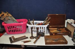 THREE BASKETS AND WOODEN BOXES CONTAINING TOOLS including Spear and Jackson, Disstons etc Saws, wood