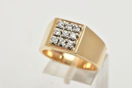 A GENTS 9CT GOLD BRILLIANT CUT DIAMOND SIGNET RING, comprising nine round brilliant cut diamonds, to