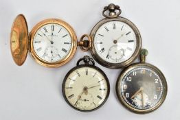 FOUR POCKET WATCHES, to include a silver open face pocket watch, white dial, roman numerals with a