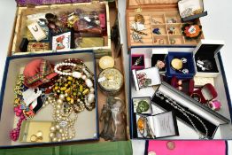 A BOX OF WHITE METAL AND ASSORTED ITEMS, to include a white metal and copal bangle, a white metal
