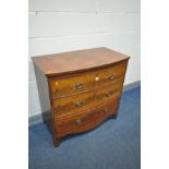 A GEORGIAN FLAME MAOGANY BOWFRONT CHEST OF THREE LONG DRAWERS, width 94cm x depth 50cm x height 91cm