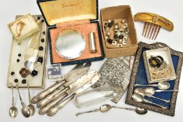 BOX OF ASSORTED ITEMS, to include a 1887 silver jubilee sixpence, six silver handled butter