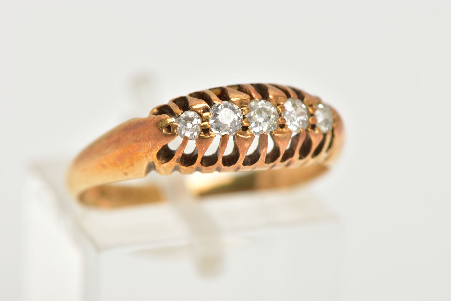AN 18CT GOLD DIAMOND BOAT RING, five old cut diamonds, prong set in a yellow gold mount, leading - Image 4 of 4